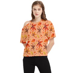 Orange Brown Leaves One Shoulder Cut Out Tee