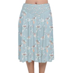 Birds And Flowers Velvet Flared Midi Skirt