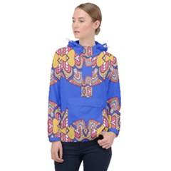 Yellow Red Shapes On A Blue Background                                                          Women Hooded Front Pocket Windbreaker