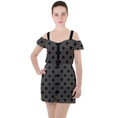 Large Black Polka Dots On Beluga Grey - Ruffle Cut Out Chiffon Playsuit