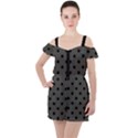 Large Black Polka Dots On Beluga Grey - Ruffle Cut Out Chiffon Playsuit View1