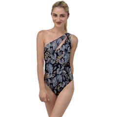 Metallic Leaves Pattern To One Side Swimsuit