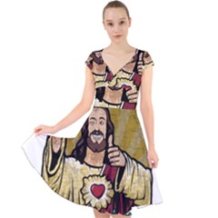 Buddy Christ Cap Sleeve Front Wrap Midi Dress