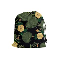 Tropical Vintage Yellow Hibiscus Floral Green Leaves Seamless Pattern Black Background  Drawstring Pouch (large) by Sobalvarro