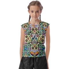Sugar Skulls Pattern Kids  Raglan Cap Sleeve Tee