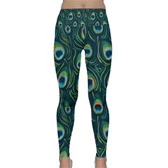 Watercolor Peacock Feather Pattern Lightweight Velour Classic Yoga Leggings