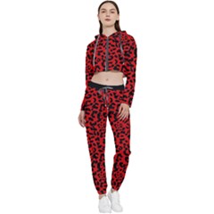 Red And Black Leopard Spots, Animal Fur Cropped Zip Up Lounge Set by Casemiro