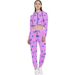 Blue Butterflies At Pastel Pink Color Background Cropped Zip Up Lounge Set by Casemiro