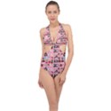 Drawing Collage Pink Halter Front Plunge Swimsuit View1