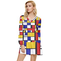 Stripes And Colors Textile Pattern Retro Tiered Long Sleeve Mini Dress by DinzDas