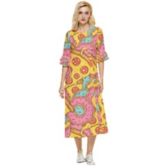 Fast Food Pizza And Donut Pattern Double Cuff Midi Dress by DinzDas