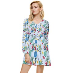 Blue Floral Stripes Tiered Long Sleeve Mini Dress
