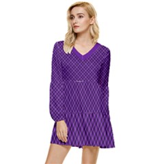 Purple, Black And Yellow Color Plaid, Retro Tartan Pattern Tiered Long Sleeve Mini Dress