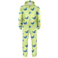 Blue Butterflies At Lemon Yellow, Nature Themed Pattern Hooded Jumpsuit (men) 