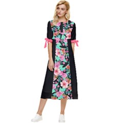 Flower Black Pink Bow Sleeve Chiffon Midi Dress