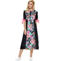 Flower Black Pink Bow Sleeve Chiffon Midi Dress View1