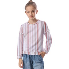 Salmon And Grey Linear Design Kids  Long Sleeve Tee With Frill 