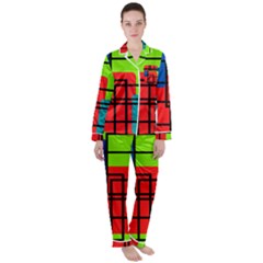 Colorful Rectangle Boxes Satin Long Sleeve Pajamas Set
