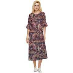 Warm Abstract Surface Print Double Cuff Midi Dress