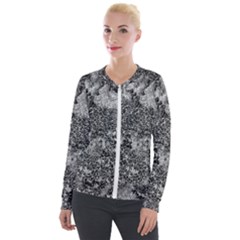 Grey And White Grunge Camouflage Abstract Print Velvet Zip Up Jacket