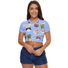 Cat Pineapples Cut Side Button Cropped Tee by flowerland