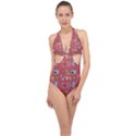 50s Small Print Halter Front Plunge Swimsuit View1