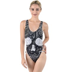 Black Skull On White High Leg Strappy Swimsuit