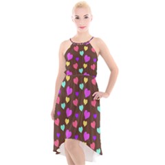 Colorfull Hearts On Choclate High-low Halter Chiffon Dress 