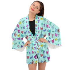 Bows On Blue Long Sleeve Kimono