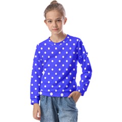 1950 Purple Blue White Dots Kids  Long Sleeve Tee With Frill 