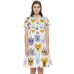 Funny Animal Faces With Glasses On A White Background Short Sleeve Waist Detail Dress
