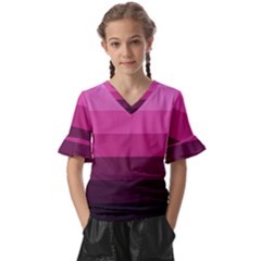 Pink Gradient Stripes Kids  V-neck Horn Sleeve Blouse