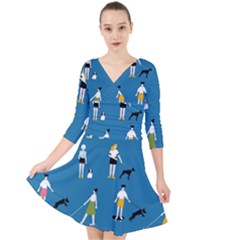 Girls Walk With Their Dogs Quarter Sleeve Front Wrap Dress