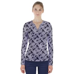 8 Bit Newspaper Pattern, Gazette Collage Black And White V-neck Long Sleeve Top
