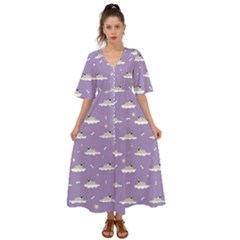 Cheerful Pugs Lie In The Clouds Kimono Sleeve Boho Dress