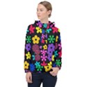 Colorful flowers on a black background pattern                                                            Women Hooded Front Pocket Windbreaker View1