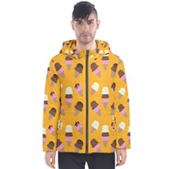 Ice Cream On An Orange Background Pattern                                                             Men s Hooded Puffer Jacket