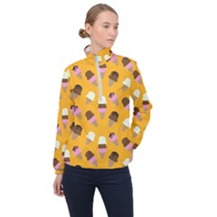 Ice Cream On An Orange Background Pattern                                                             Women Half Zip Windbreaker