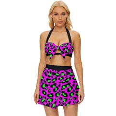 Pink And Green Leopard Spots Pattern Vintage Style Bikini Top And Skirt Set 