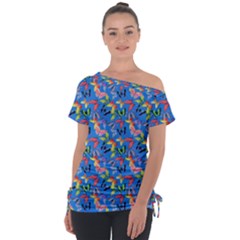Multicolored Butterflies Fly On A Blue Background Off Shoulder Tie-up Tee