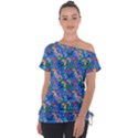 Multicolored Butterflies Fly On A Blue Background Off Shoulder Tie-Up Tee View1