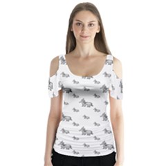 Grey Unicorn Sketchy Style Motif Drawing Pattern Butterfly Sleeve Cutout Tee 