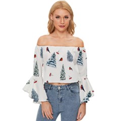 Christmas Trees And Bullfinches Off Shoulder Flutter Bell Sleeve Top