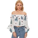 Christmas Trees And Bullfinches Off Shoulder Flutter Bell Sleeve Top View1