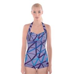 3d Lovely Geo Lines 2 Boyleg Halter Swimsuit  by Uniqued
