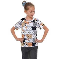 Cute-cat-kitten-cartoon-doodle-seamless-pattern Kids  Mesh Piece Tee