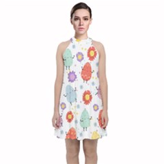 Easter Seamless Pattern With Cute Eggs Flowers Velvet Halter Neckline Dress 