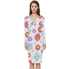 Easter Seamless Pattern With Cute Eggs Flowers Long Sleeve V-neck Bodycon Dress 