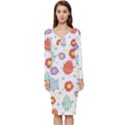 Easter Seamless Pattern With Cute Eggs Flowers Long Sleeve V-Neck Bodycon Dress  View1