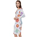 Easter Seamless Pattern With Cute Eggs Flowers Long Sleeve V-Neck Bodycon Dress  View2